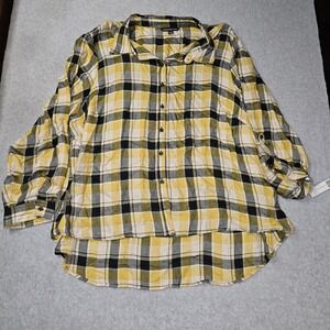 Zac & Rachel Women Top 3X Plus  Roll Tab Flannel Plaid Yellow Black Rayon Curvy